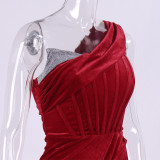 Autumn Winter Slash Shoulder Dress Christmas velvet sequin fishbone pleated split Bodycon Dress