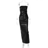 Women's Winter Fashion Solid Faux Leather Slim Strapless Split Dress