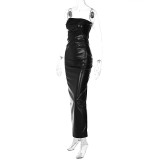 Women's Winter Fashion Solid Faux Leather Slim Strapless Split Dress