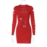 Women's Winter Fashion Sexy Hollow out Ripped Long Sleeve Slim Dress