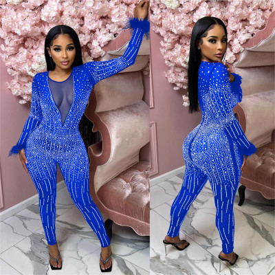 Fashion Women's Mesh Beaded V-Neck Long Sleeve Feather Long Library Jumpsuit