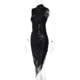 Women's winter fashion solid color imitation leather slim pleated sleeveless dress