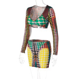 Women's winter fashion print u-neck Crop long sleeve top slim skirt suit