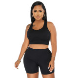 Women's Casual Sport Two Piece Set u Neck Sleeveless Shorts Set