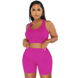 Women's Casual Sport Two Piece Set u Neck Sleeveless Shorts Set