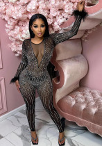 Fashion Women's Mesh Beaded V-Neck Long Sleeve Feather Long Library Jumpsuit