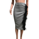Women's autumn and winter irregular long feather midi skirt