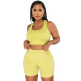 Women's Casual Sport Two Piece Set u Neck Sleeveless Shorts Set