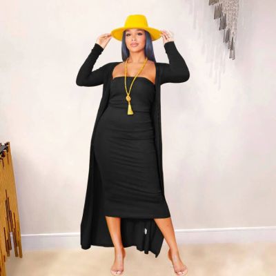 Women'S Solid Color Fashion Tight Fitting Sexy Strapless Bodycon Dress Loose Long Coat Two-Piece Set