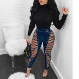 Leather Lace-Up High Waist Sexy Leather Pants Nightclub Trousers