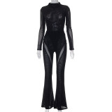 Women'S Sexy Mesh See-Through Long Sleeve Jumpsuit Bell Bottom Pants Casual Two Piece Set