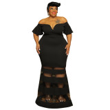Sexy See-Through Fashion V Neck Short Flare Sleeves Plus Size Maxi Dress