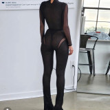 Women'S Sexy Mesh See-Through Long Sleeve Jumpsuit Bell Bottom Pants Casual Two Piece Set