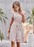 Summer Printed Belted Slim Waist Women'S Round Neck Chic Casual Dress