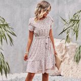 Summer Printed Belted Slim Waist Women'S Round Neck Chic Casual Dress