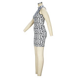 Women'S Clothing Print High Neck Sleeveless Dress Long Sleeve Top Two-Piece Set