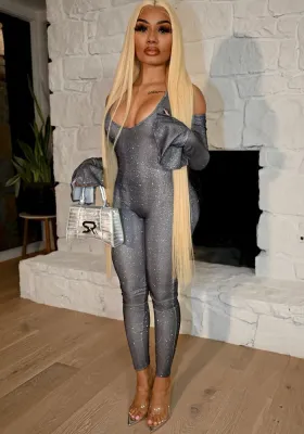 Women'S Shiny Bell Bottom Sleeve Shoulder Cutout Slim Fit Jumpsuit