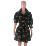 Women'S Camouflage Denim Sequin Patchwork Turndown Collar Belted Jacket