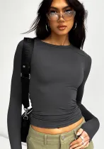 Women'S Spring Solid Round Neck Long Sleeve Basic T-Shirt Top