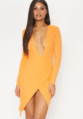 Women Summer Sexy Deep V-Neck Long Sleeve Slit High Waist Slim Fit Chic Career Dress
