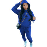 Printed Fleece Hoodies Pants Casual Two Piece Tracksuit