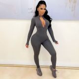 Women'S Solid Zip Long Sleeve Tight Fitting Jumpsuit