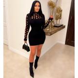 Ladies Fashion Sexy Hollow Long Sleeve Tight Fitting Knitting Dress