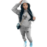 Printed Fleece Hoodies Pants Casual Two Piece Tracksuit