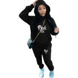 Printed Fleece Hoodies Pants Casual Two Piece Tracksuit