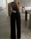 Slim Waist Hollow Out One-Piece Solid Summer Beaded Wide-Leg Jumpsuit