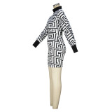 Women'S Clothing Print High Neck Sleeveless Dress Long Sleeve Top Two-Piece Set