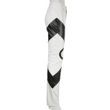 Women'S Pu Leather Black And White Contrast Color Abstract Gothic Print Casual Pants Tight Fitting Trousers