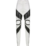 Women'S Pu Leather Black And White Contrast Color Abstract Gothic Print Casual Pants Tight Fitting Trousers