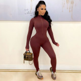 Women'S Solid Zip Long Sleeve Tight Fitting Jumpsuit