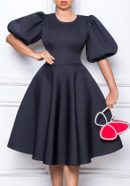 Retro Round Neck Chic Puff Sleeve Slim Waist A-Line Swing Party Dress