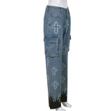 Women Printed Cross Flame Pocket Denim Pants