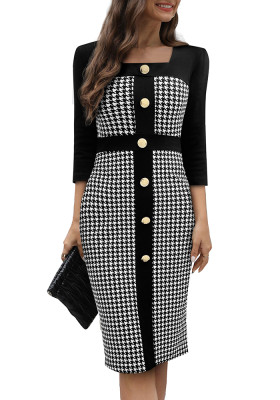 Women Patchwork Button Houndstooth Career Dress