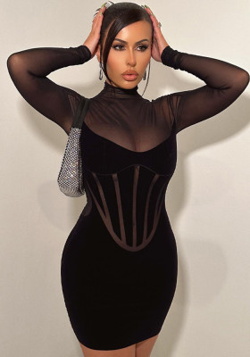 Women Solid Color Sexy Mesh Patchwork Bodycon Dress