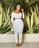 Women Clothing Fall Sexy Solid Off Shoulder Wink Crop Top and Pant Two-Piece Set