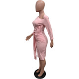 Women Spring Solid Lace-Up Ruched Slash Shoulder Dress