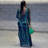 Women Round Neck Long Sleeve Striped Print Maxi Dress