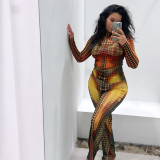 Women Sexy Print See-Through Top and Pant Two-Piece Set