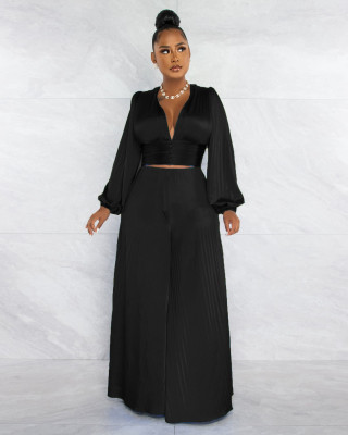 Women sexy pleated v-neck top and wide-leg pants two-piece set