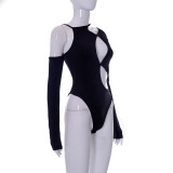 Women Sexy Cutout Long Sleeve Solid Color Slim Bodysuit