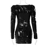 Women Sexy pu Leather Long Sleeve Bodycon Dress