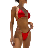 Sexy Thong Bikini Metal Chain Rope Swimsuit Two Pieces Lace-Up Women's Solid Color Swimwear