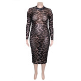 Women's Fashion Ladies Printed Mesh Round Neck Long Sleeve Maxi Plus Size Dress