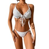 Ribbed Ruched Tie Low Back Sexy Bikini Two Pieces Swimwear