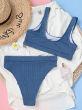 Bikini solid color polyester+Spandex high waist bikini swimsuit women