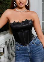 Sexy Strapless Tank Top Satinlace Herringbone Corset Low Back Sleeveless Tank Top